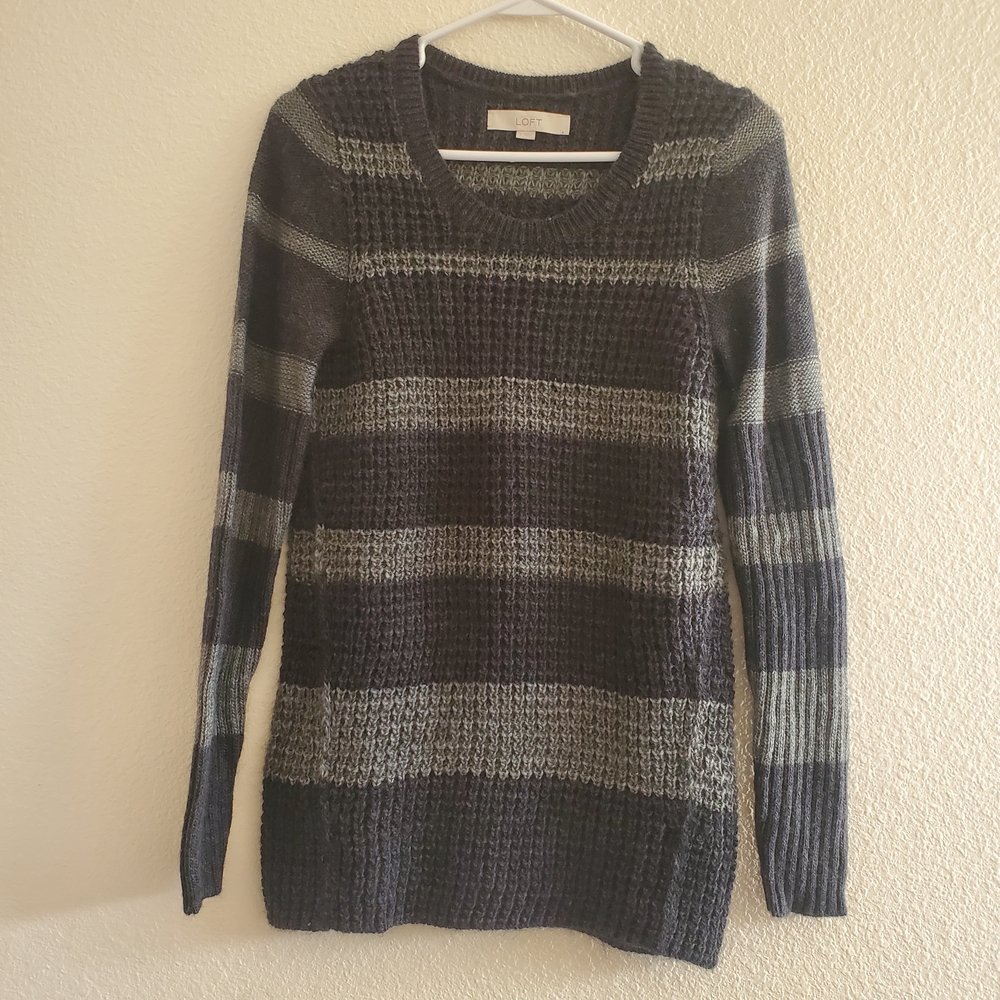 Ann Taylor LOFT Charcoal and Light Gray Striped Long Sleeve Sweater